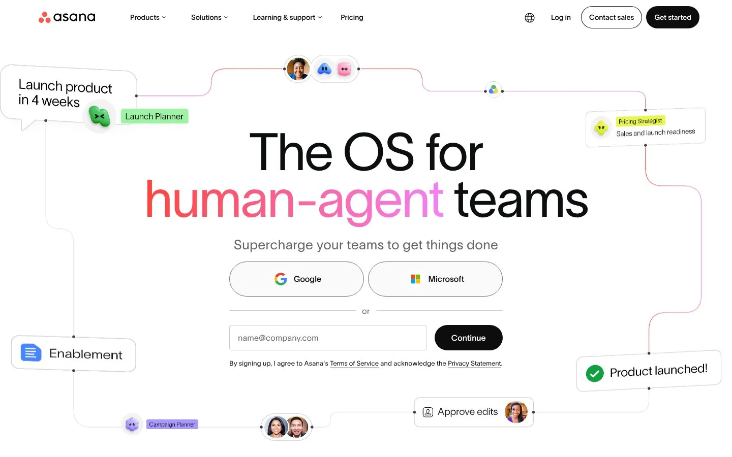 Asana homepage hero reading The OS for human-agent teams