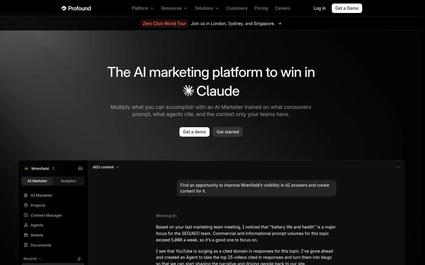 Profound homepage hero reading The AI marketing platform to win in ChatGPT, Perplexity, Claude, Gemini and more (rotating)