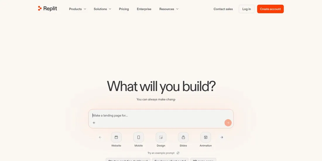 Replit homepage hero reading What will you build? with a prompt box