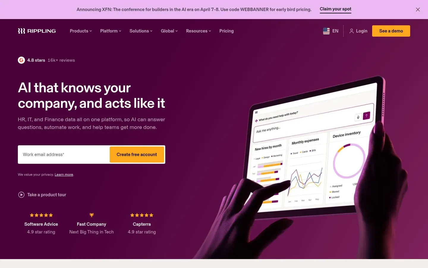 Rippling homepage hero reading AI that knows your company, and acts like it
