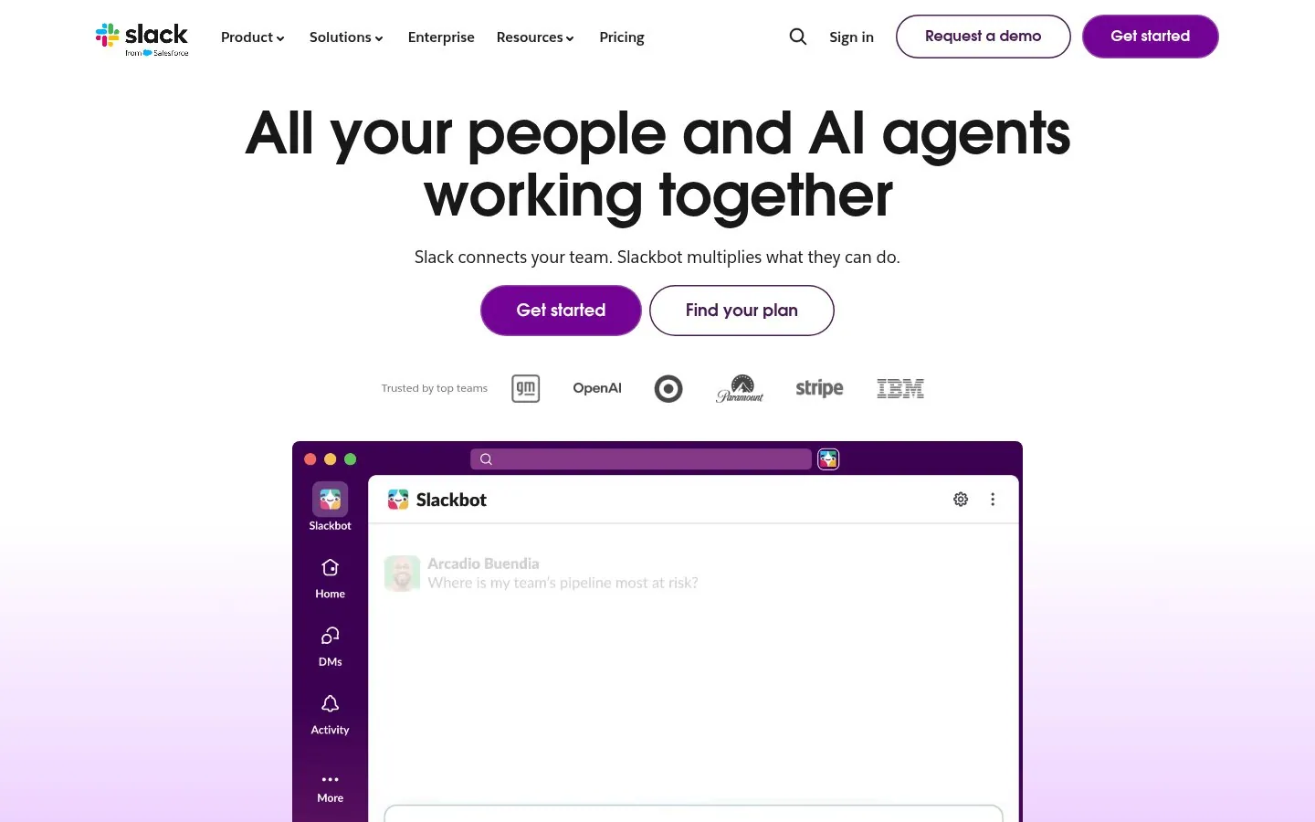 Slack homepage hero reading All your people and AI agents working together