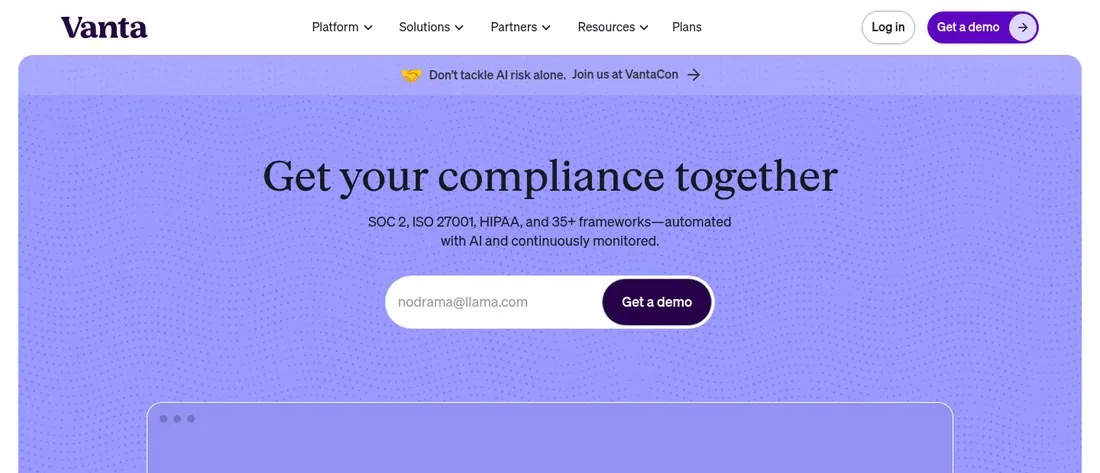 Vanta homepage hero reading Get your compliance together