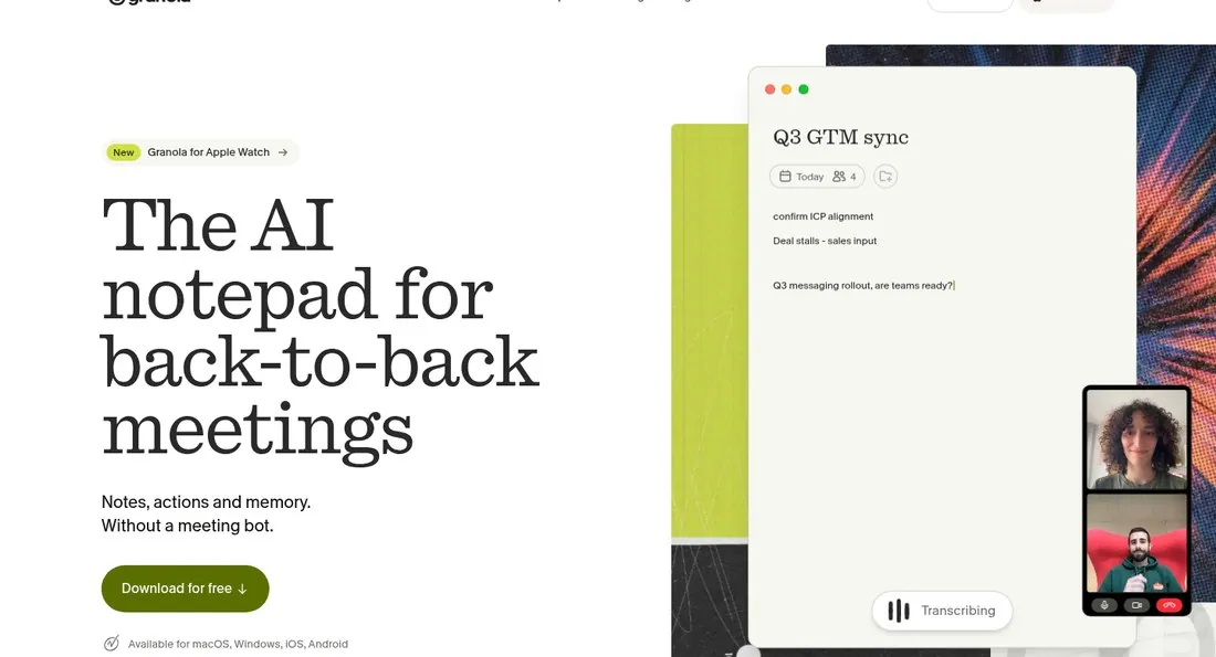 Granola homepage hero reading The AI notepad for back-to-back meetings