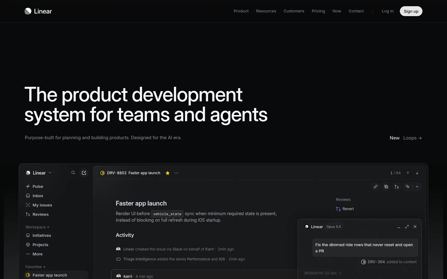 Linear homepage hero reading The product development system for teams and agents