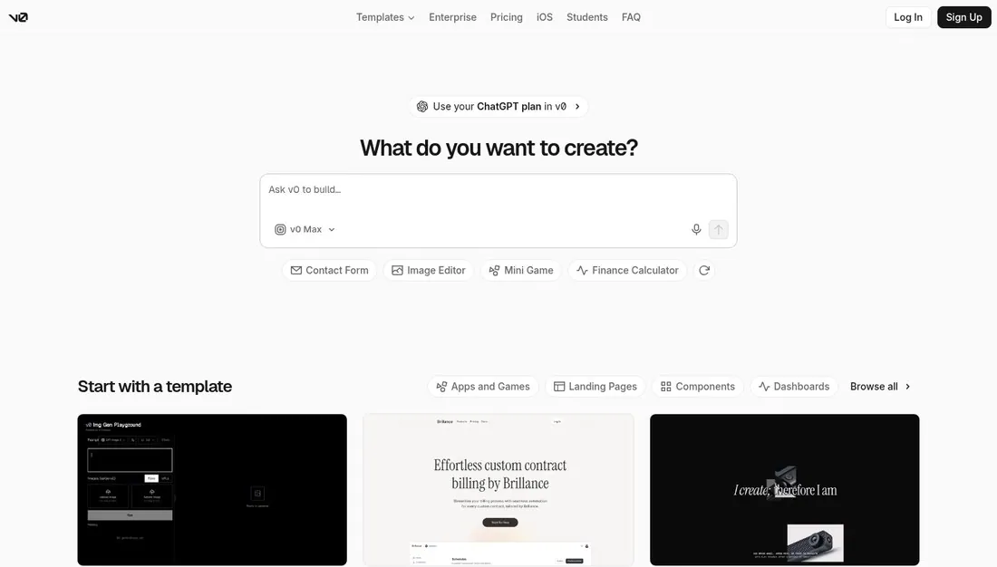 v0 homepage reading What do you want to create? with a prompt box and template cards
