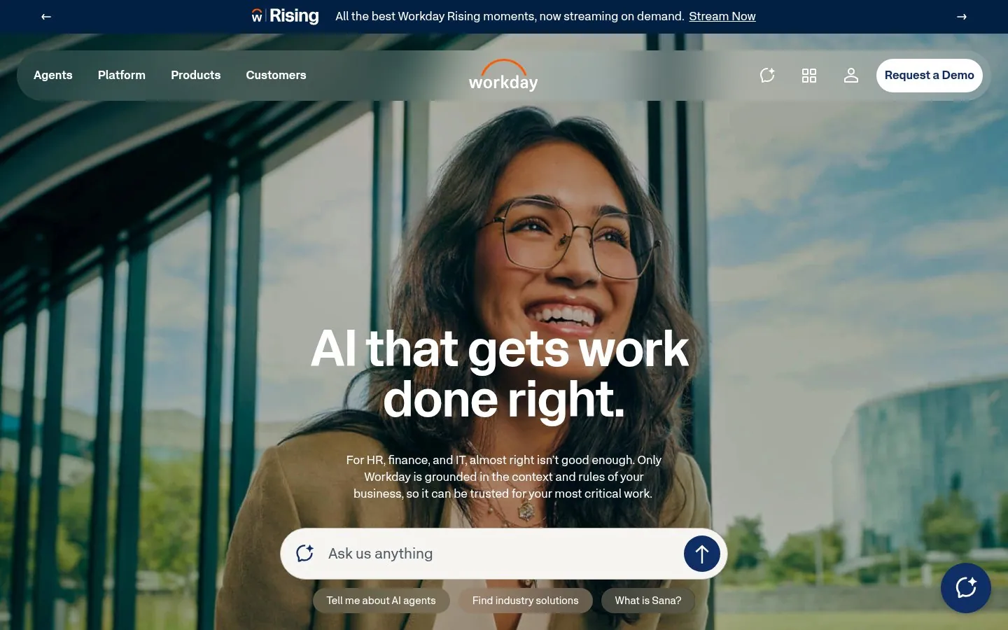 Workday homepage hero reading AI that gets work done right.