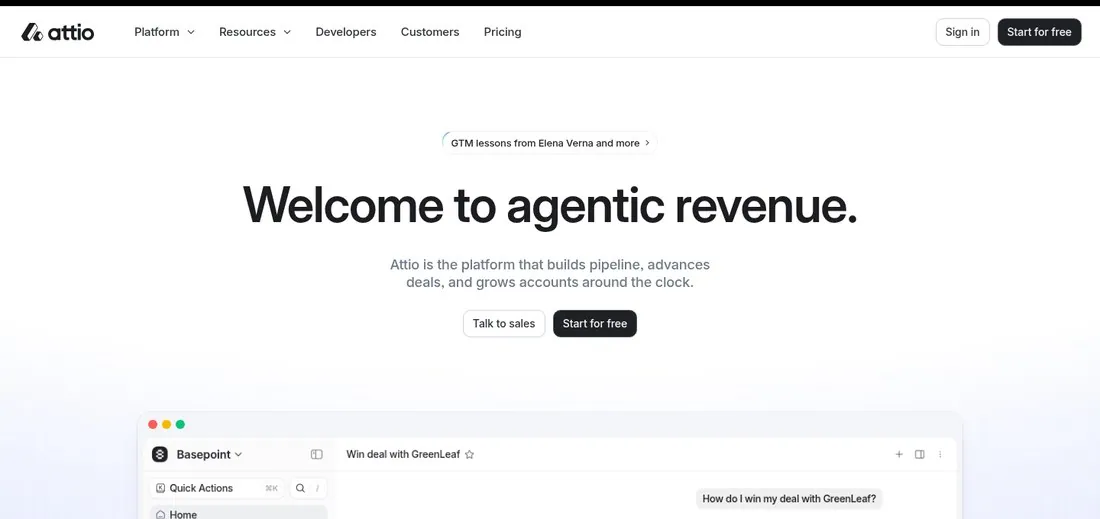 Attio homepage hero reading Welcome to agentic revenue above a product chat