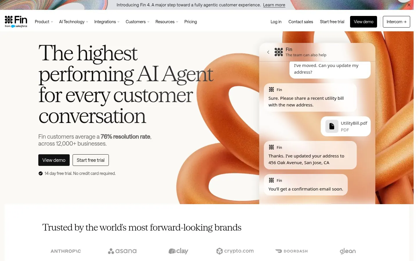 Fin homepage hero reading The highest performing AI Agent for every customer conversation