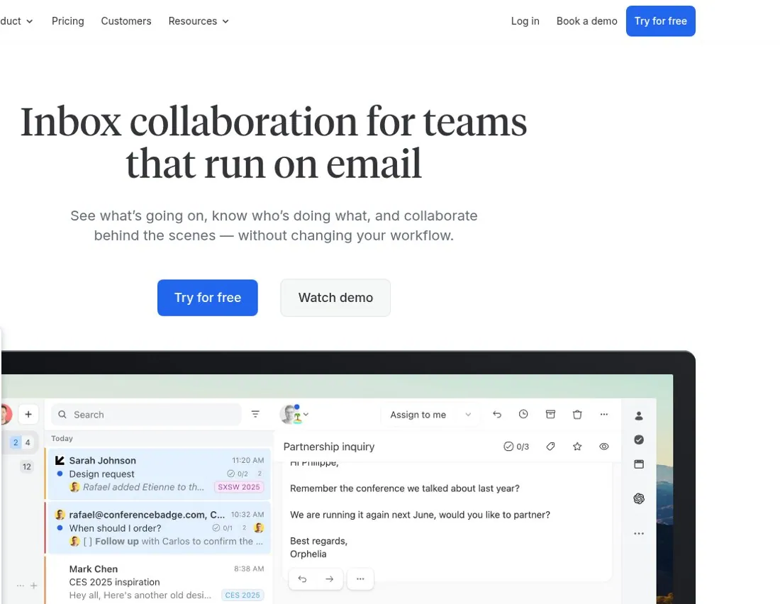 Missive homepage hero reading Inbox collaboration for teams that run on email