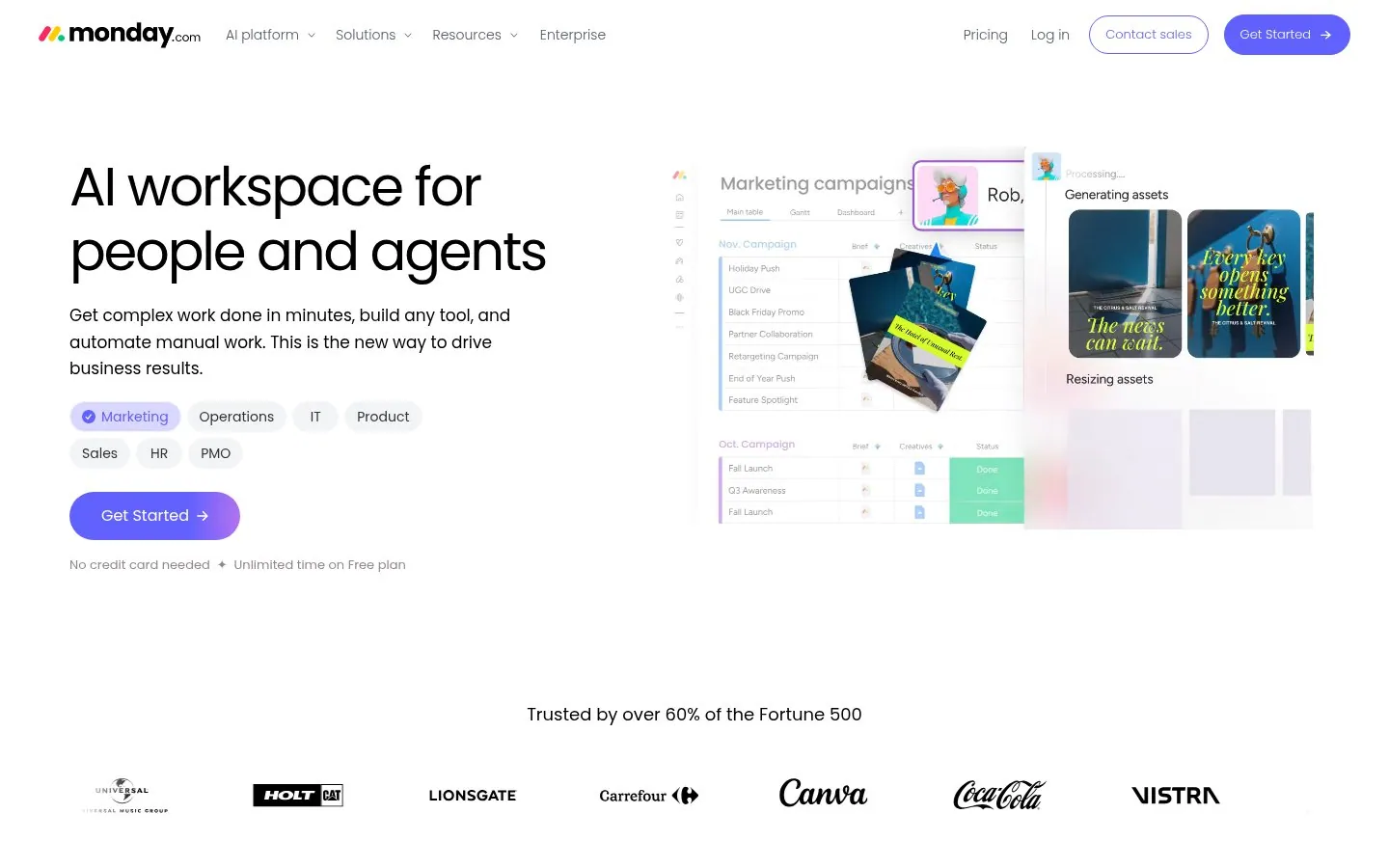 monday.com homepage hero reading AI workspace for people and agents