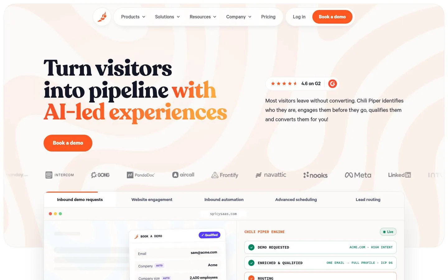 Chili Piper homepage hero reading Turn visitors into pipeline with AI-led experiences