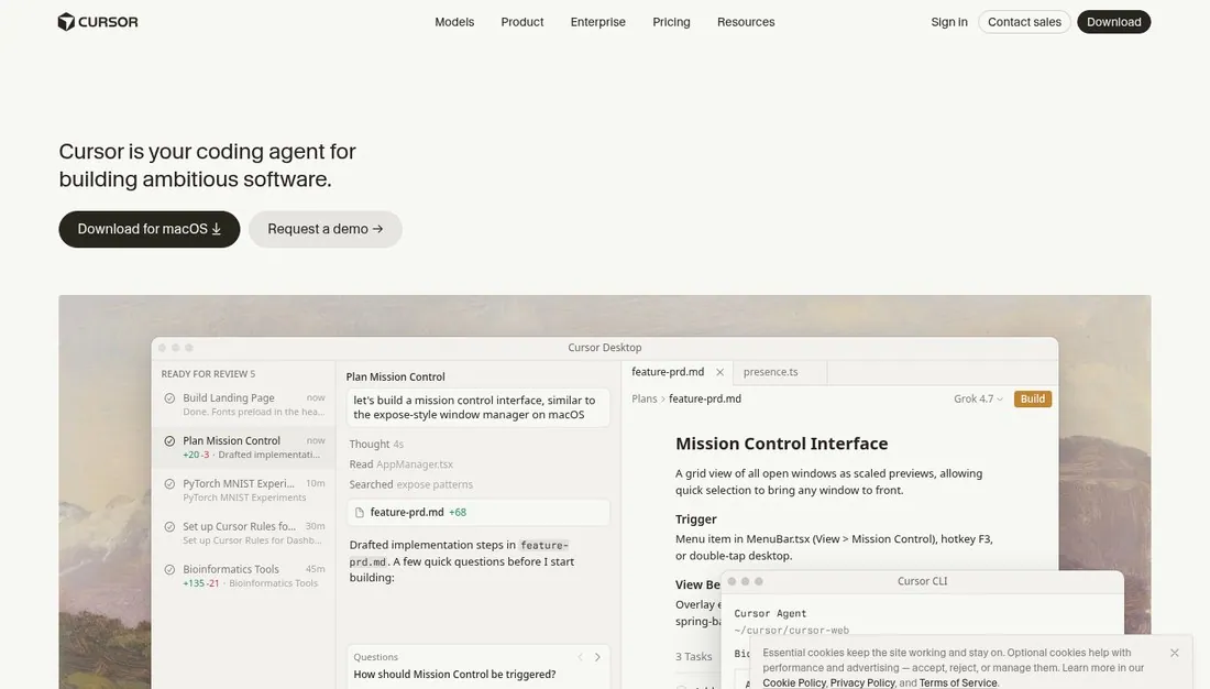 Cursor homepage hero reading Cursor is your coding agent for building ambitious software, with the product below