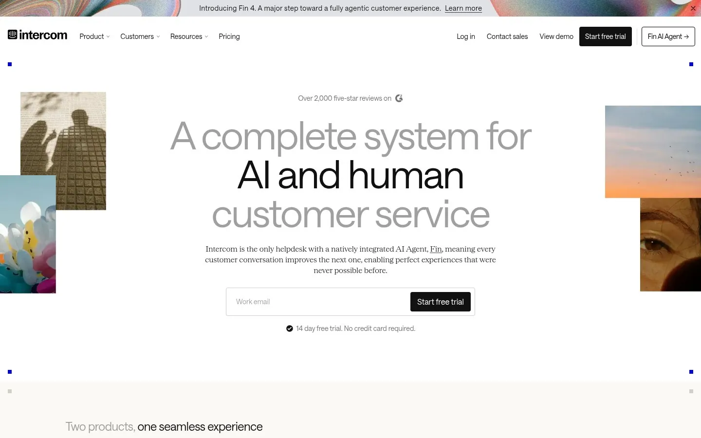 Intercom homepage hero reading A complete system for AI and human customer service