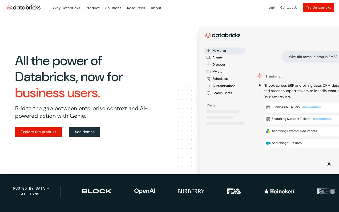 Databricks homepage hero reading All the power of Databricks, now for business users.