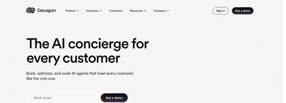 Decagon homepage hero reading The AI concierge for every customer