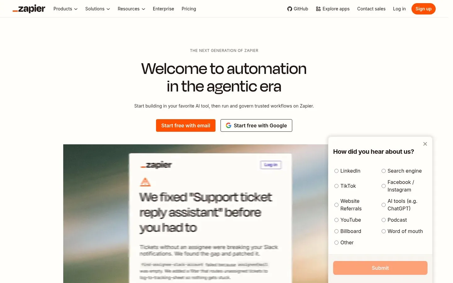 Zapier homepage hero reading Welcome to automation in the agentic era
