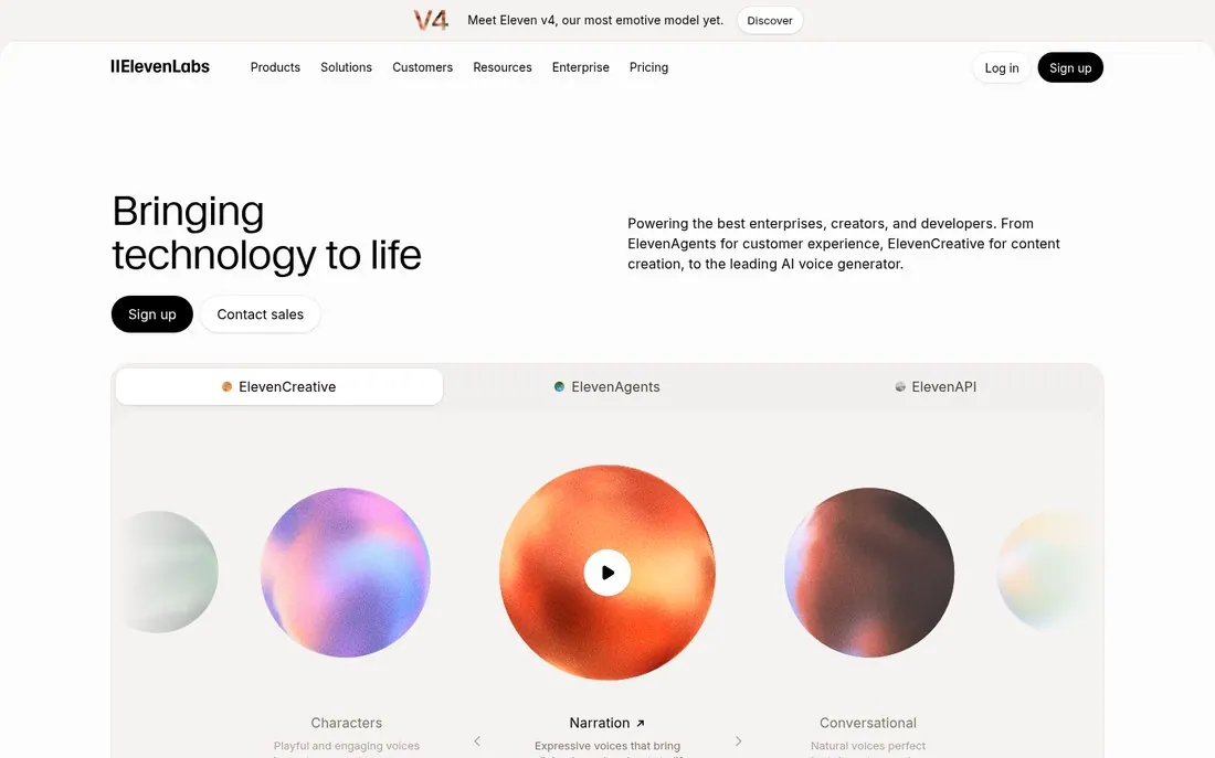 ElevenLabs homepage with playable voice orbs under Bringing technology to life
