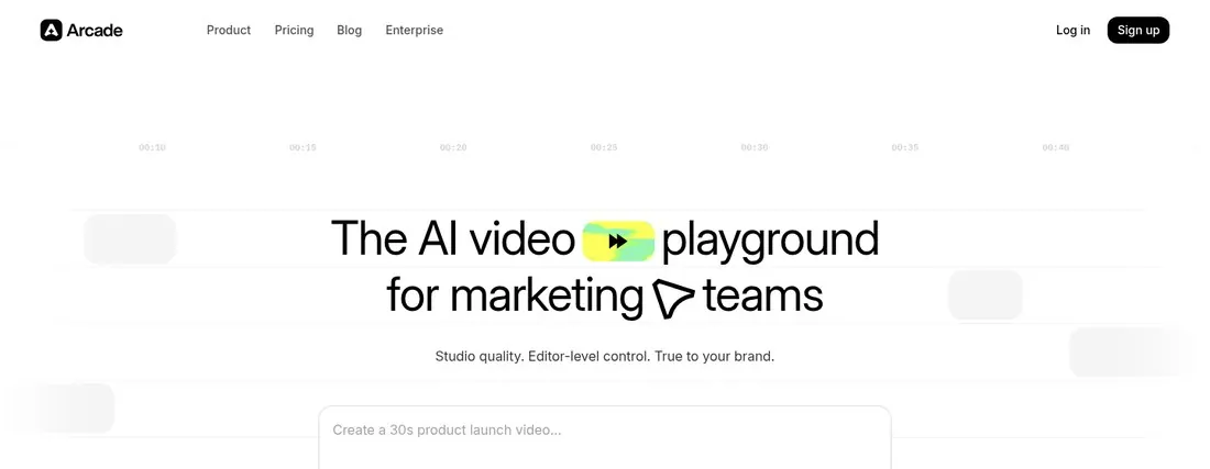 Arcade homepage reading The AI video playground for marketing teams with a prompt box