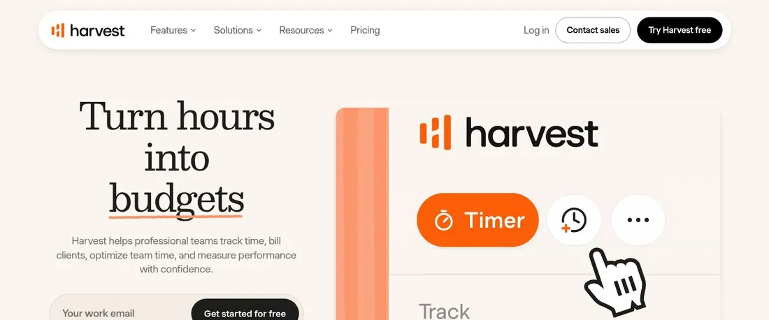 Harvest homepage hero reading Turn hours into budgets