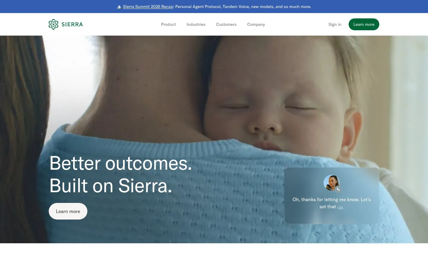 Sierra homepage hero reading Better outcomes. Built on Sierra.