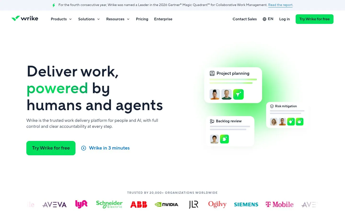 Wrike homepage hero reading Deliver work, powered by humans and agents