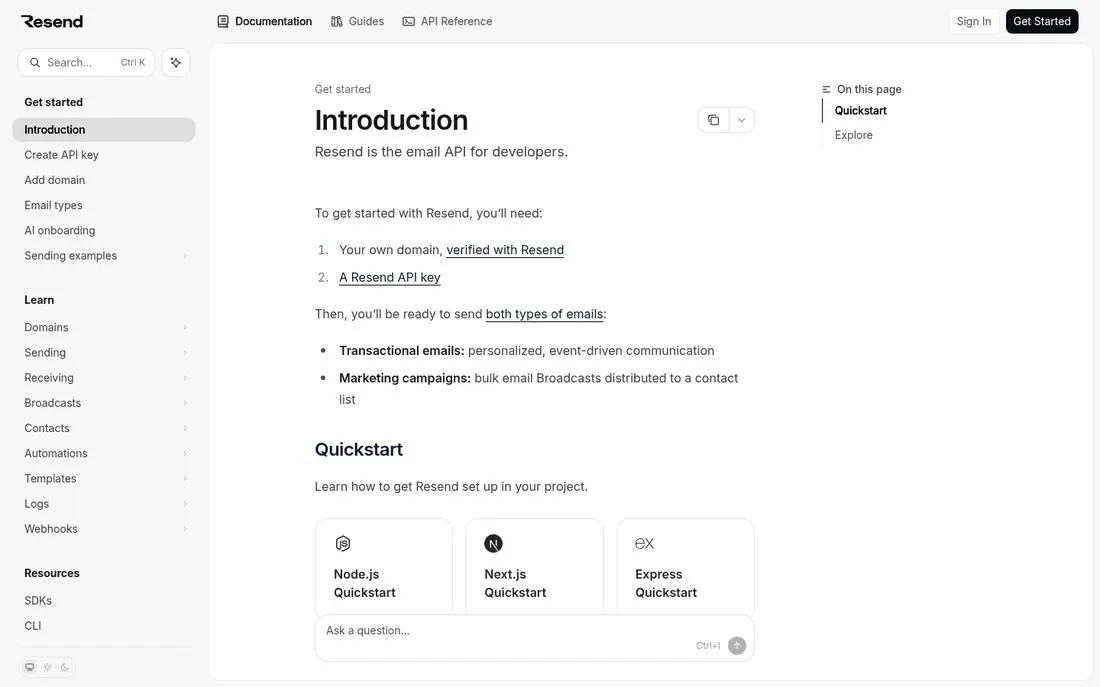 Resend docs introduction page with an Ask a question box and AI onboarding link