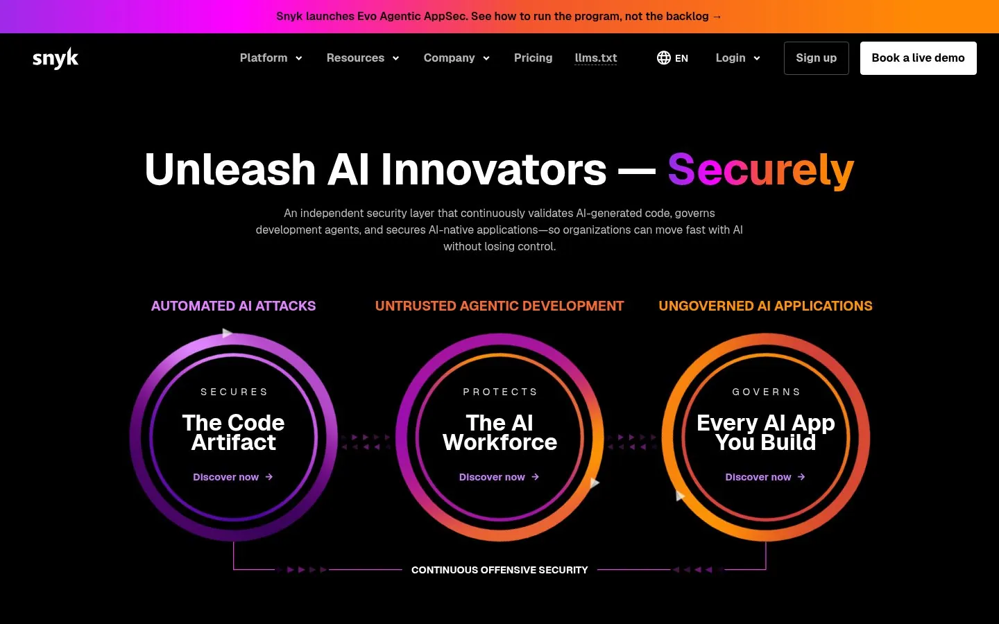 Snyk homepage hero reading Unleash AI Innovators, Securely