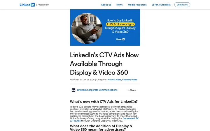 LinkedIn CTV ads are now available in Display and Video 360
